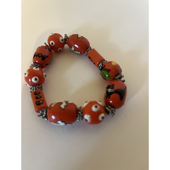 Handmade Halloween Lampwork Glass Bead Stretch Bracelet Ghosts Black Cats Boo - Picture 4 of 5